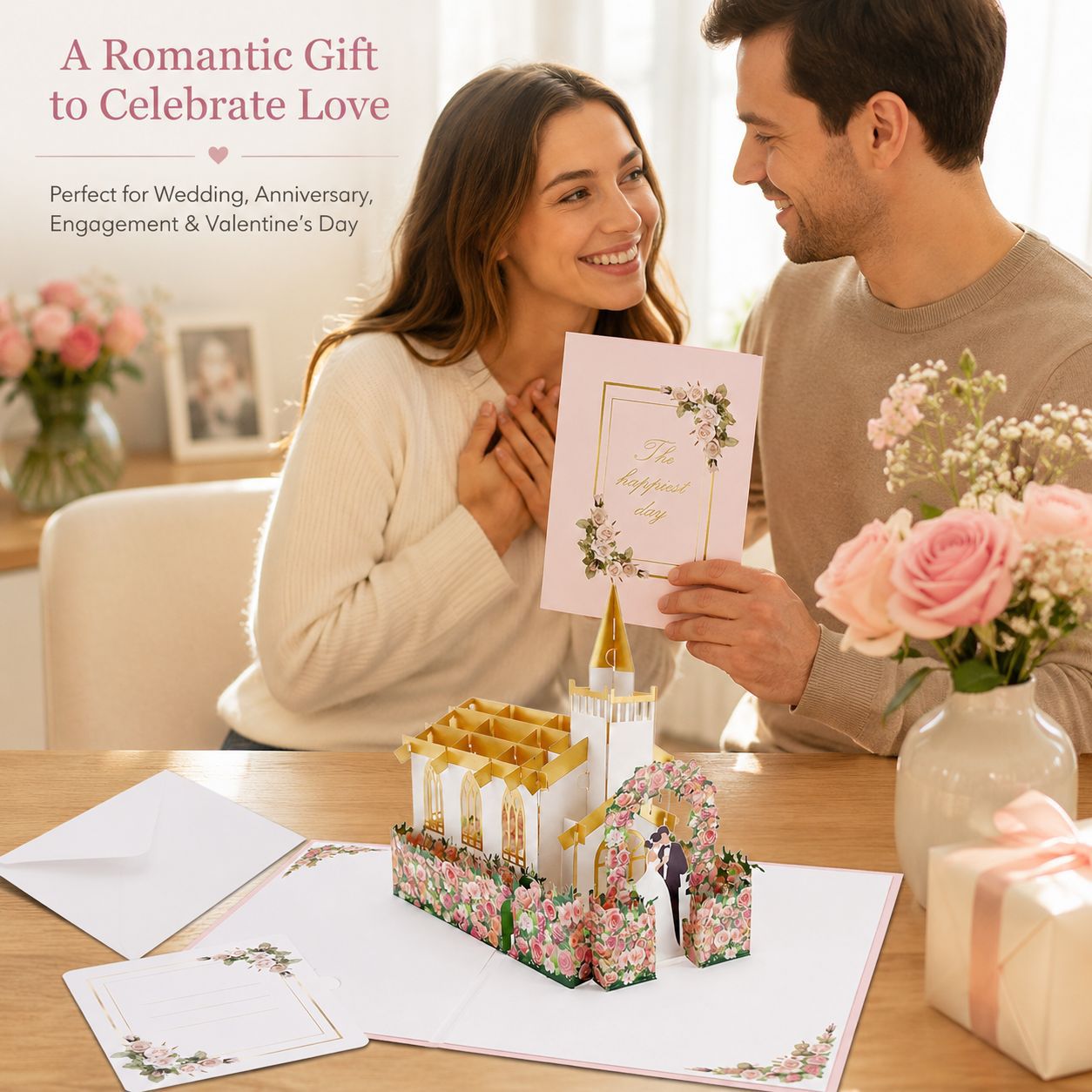 Luxury 3D pop-up wedding card 'The Happiest Day' with rose chapel design