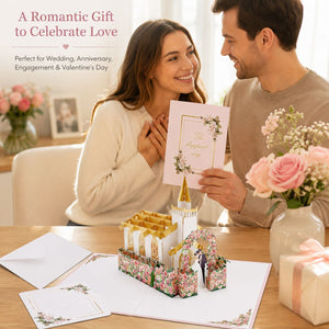 Luxury 3D pop-up wedding card 'The Happiest Day' with rose chapel design