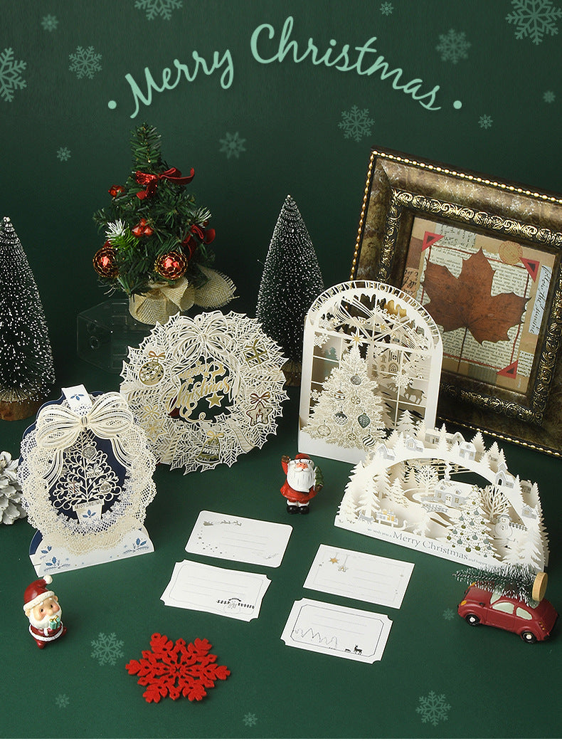 3D paper diorama message card, laser-cut winter design